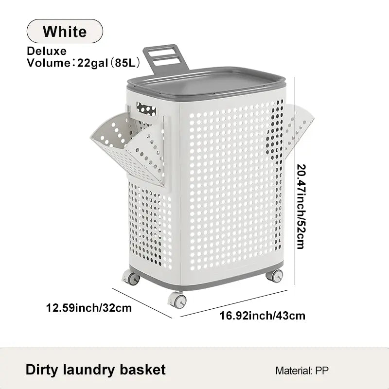 Laundry Basket with Wheels, White & Gray, Ventilated & Odor-Resistant, Portable Rolling Storage with Lid,