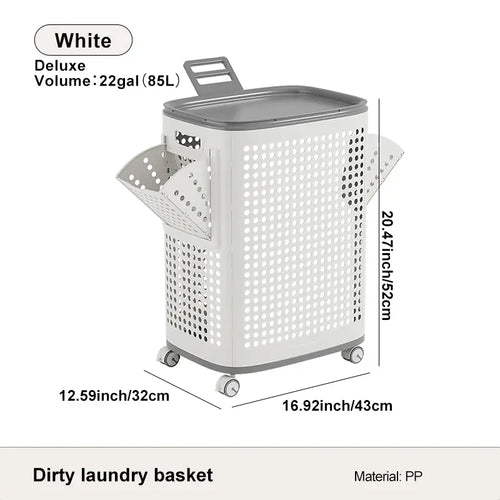 Laundry Basket with Wheels, White & Gray, Ventilated & Odor-Resistant, Portable Rolling Storage with Lid,