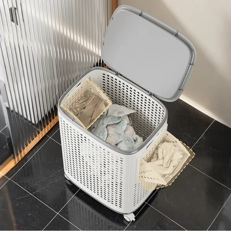 Laundry Basket with Wheels, White & Gray, Ventilated & Odor-Resistant, Portable Rolling Storage with Lid,