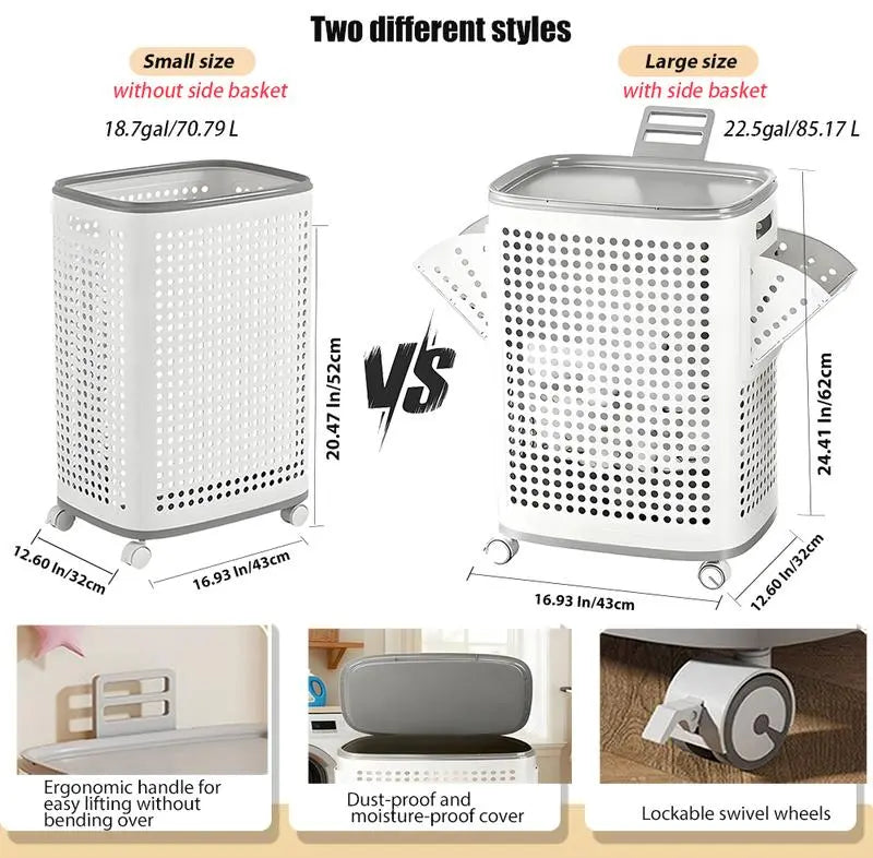 Laundry Basket with Wheels, White & Gray, Ventilated & Odor-Resistant, Portable Rolling Storage with Lid,