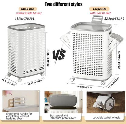 Laundry Basket with Wheels, White & Gray, Ventilated & Odor-Resistant, Portable Rolling Storage with Lid,