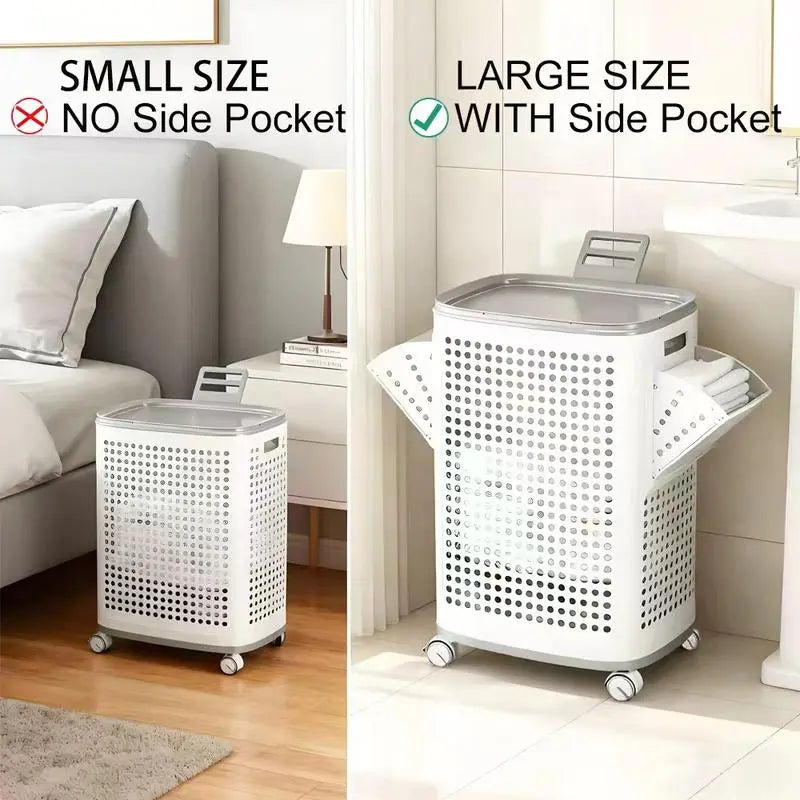 Laundry Basket with Wheels, White & Gray, Ventilated & Odor-Resistant, Portable Rolling Storage with Lid,