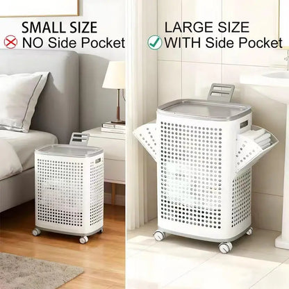 Laundry Basket with Wheels, White & Gray, Ventilated & Odor-Resistant, Portable Rolling Storage with Lid,