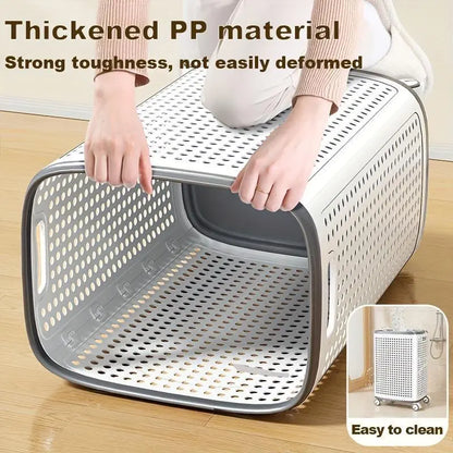 Laundry Basket with Wheels, White & Gray, Ventilated & Odor-Resistant, Portable Rolling Storage with Lid,