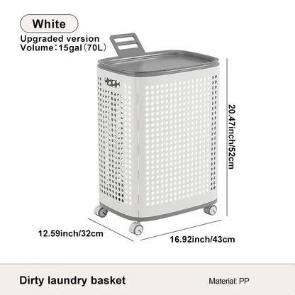 Laundry Basket with Wheels, White & Gray, Ventilated & Odor-Resistant, Portable Rolling Storage with Lid,