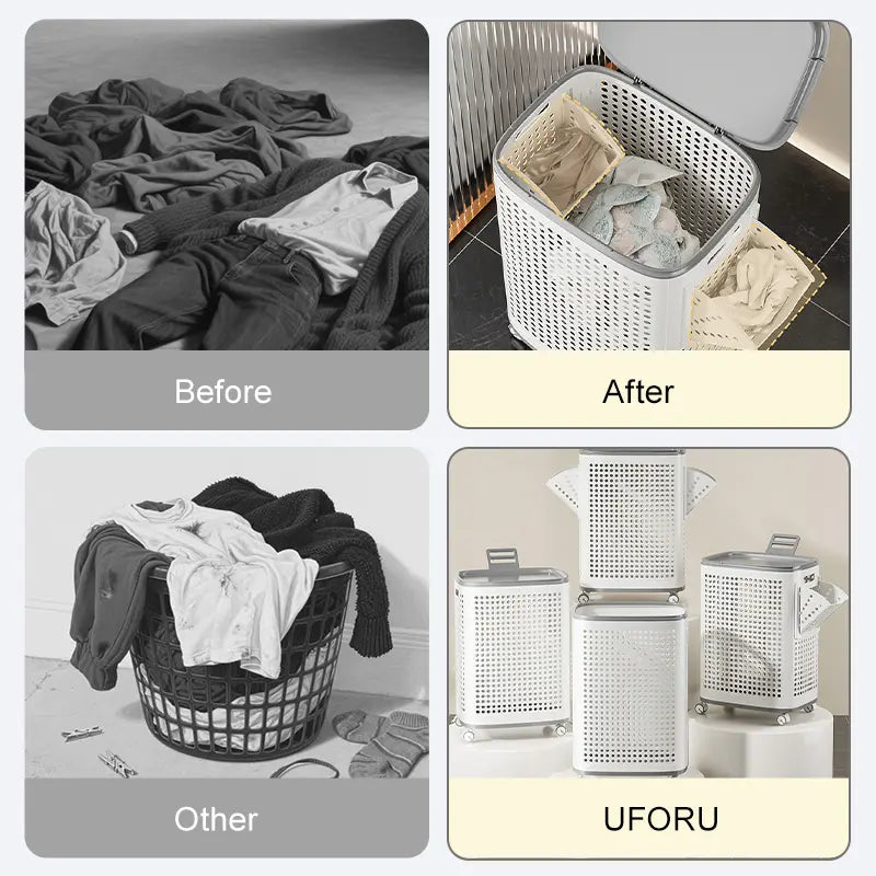 Laundry Basket with Wheels, White & Gray, Ventilated & Odor-Resistant, Portable Rolling Storage with Lid,