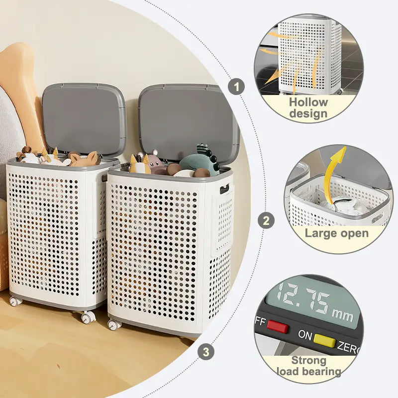 Laundry Basket with Wheels, White & Gray, Ventilated & Odor-Resistant, Portable Rolling Storage with Lid,